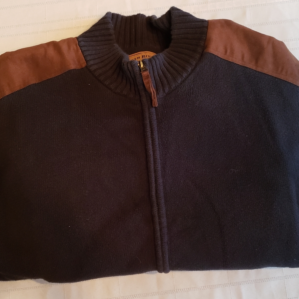 Mens Navy Fleece Lined Zip Front Sweater.